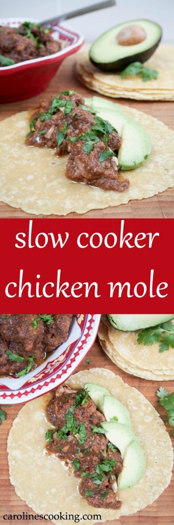 This slow cooker chicken mole is a delicious way to get all the great flavor of the traditional Mexican favorite without the effort. Great with rice/tacos.