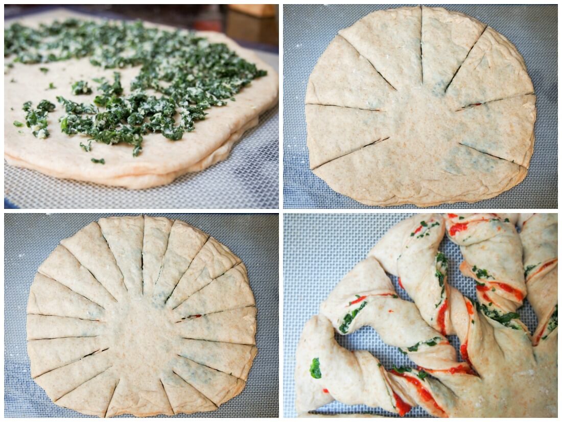 making Twisted bread with peppers, spinach and parmesan