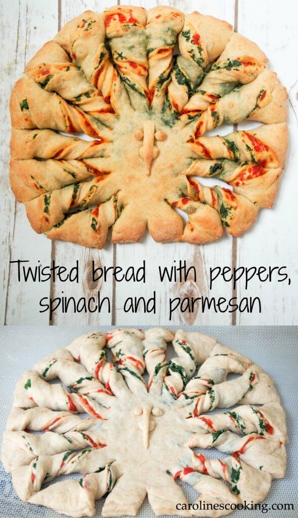 This twisted bread with peppers, spinach and parmesan is easier to make than you might think. Plus it's both adorable and delicious. A wonderful addition to your Thanksgiving table, or adapt the design to enjoy any time