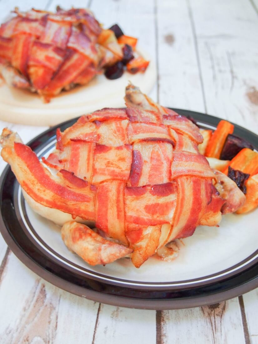 bacon wrapped Cornish hens