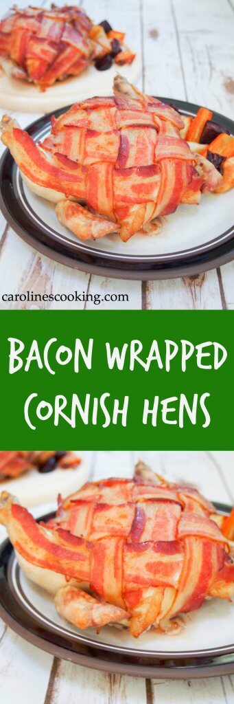 [ad] Bacon wrapped Cornish hens make an impressive-looking main without too much effort. All the tastiness of a larger roast with less cooking time.