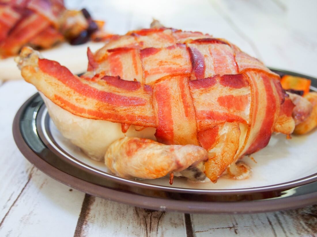 bacon wrapped Cornish hens