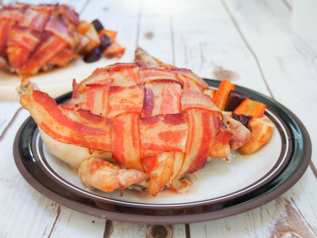 bacon wrapped Cornish hens