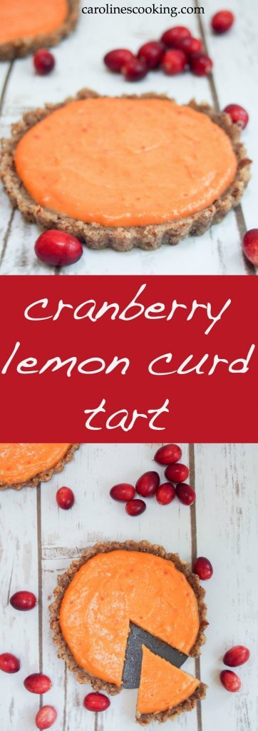 This cranberry lemon curd tart is as delicious as it is pretty. The fresh zesty topping goes so well with the nutty base. Plus it's no bake and gluten-free.
