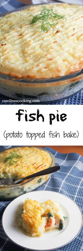 Fish pie is a potato topped fish bake that's a British comfort food classic. Filled with fish, shrimp and topped with potatoes. Easy to make, easy to enjoy. 