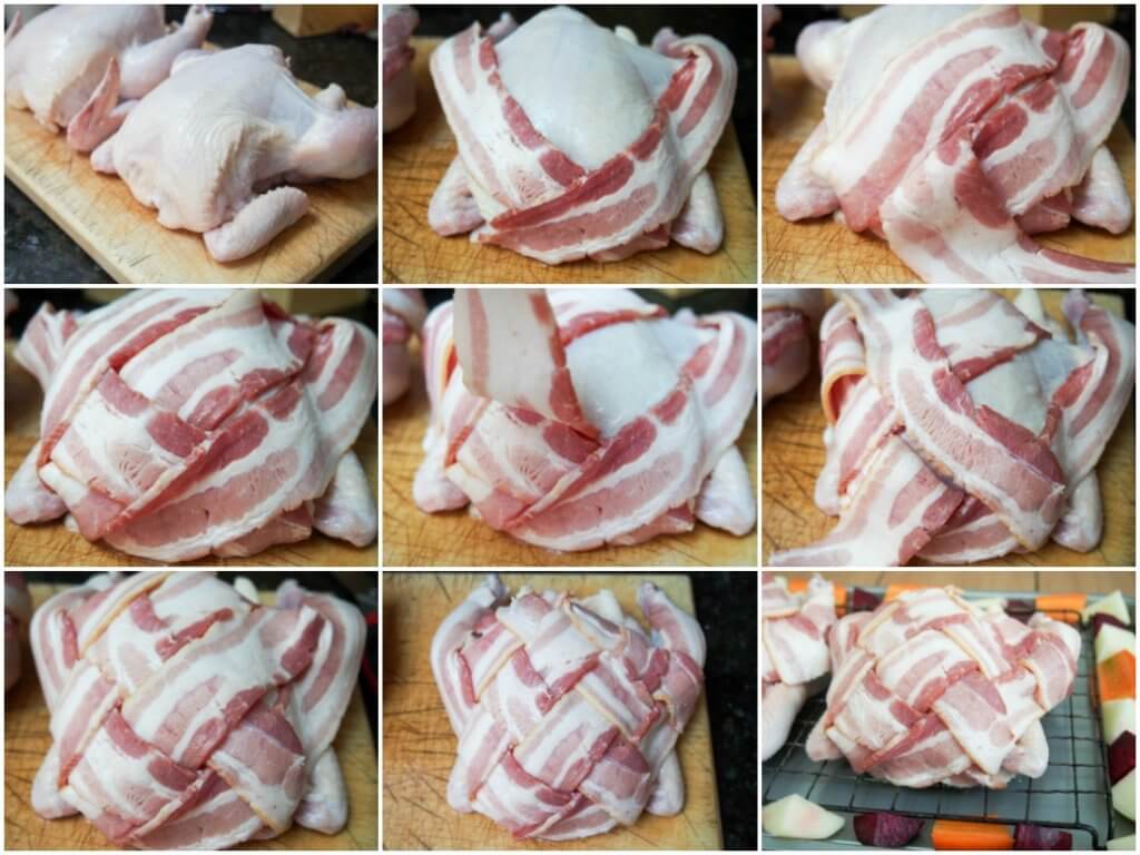 making bacon wrapped Cornish hens - bacon lattice