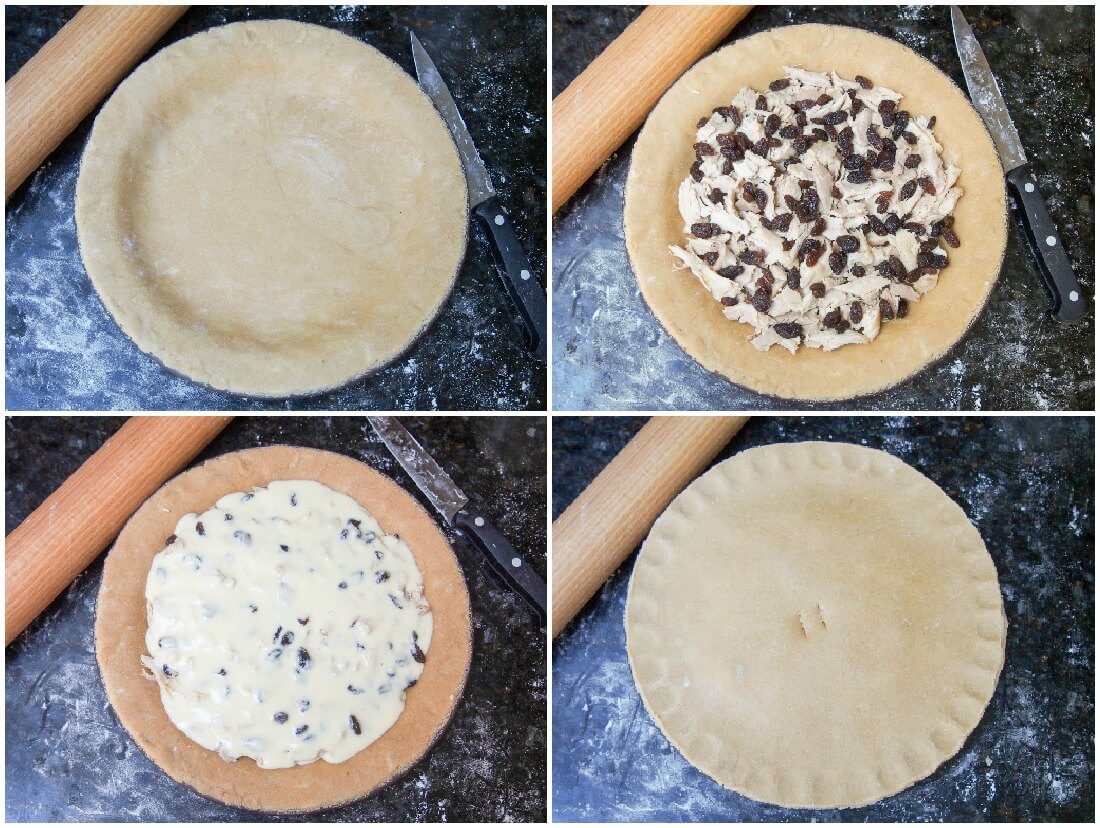 making 'Australian pie' - leftover turkey pie with raisins and bechamel