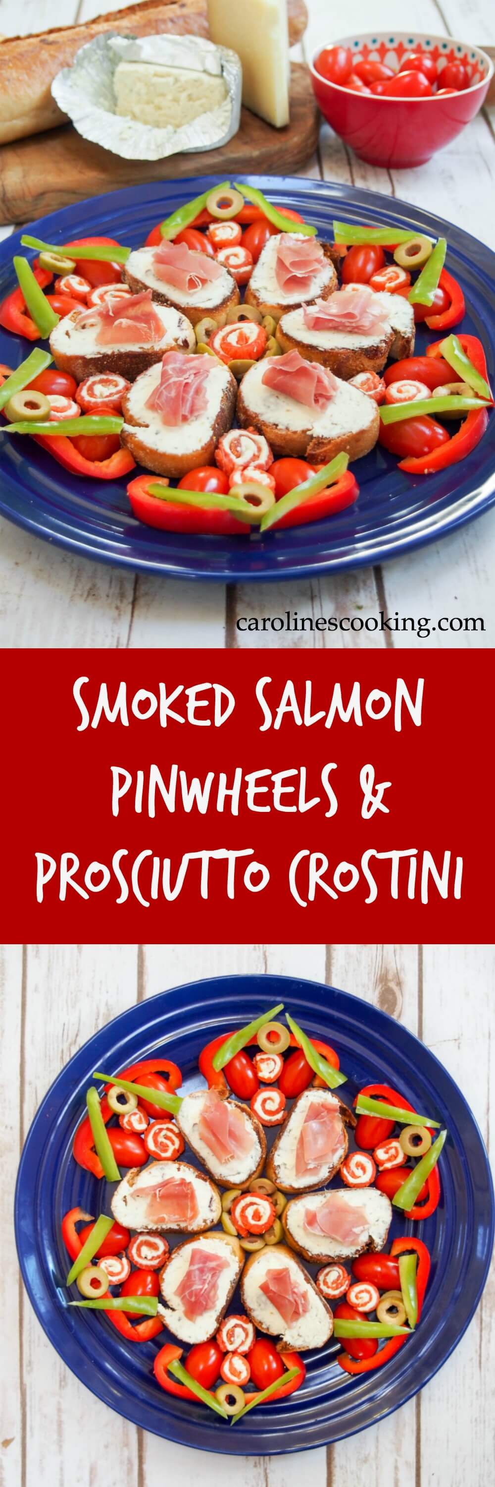 Smoked salmon pinwheels & prosciutto crostini make super simple, flavorful appetizers but can be arranged into an impressive, festive star. A perfect appetizer plate for holiday entertaining (or anytime).