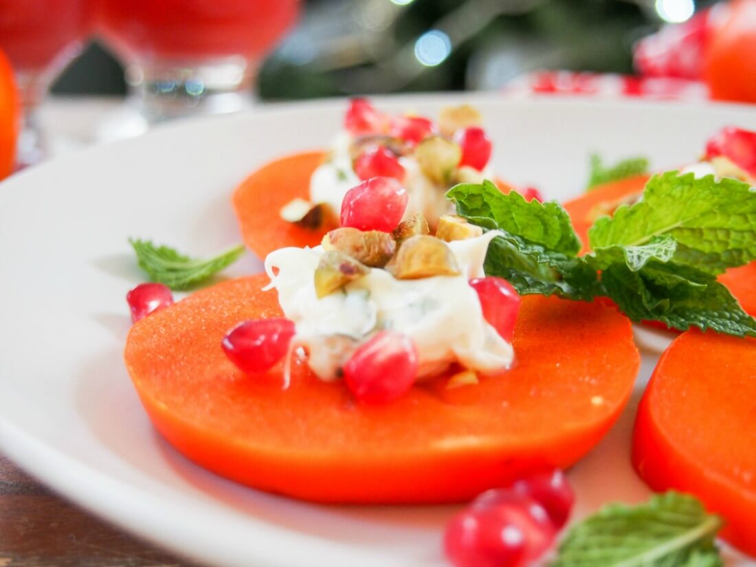 Easy persimmon appetizer with minted mascarpone