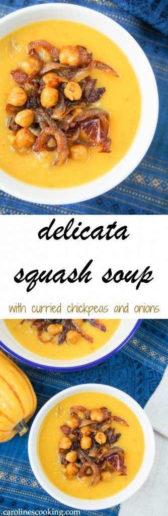 This delicata squash soup is super easy to make and tastes delicious, especially with the curried chickpea & onion topping. They make it seem more complex and fancy, when really it's so easy! Perfect for lunch on a cold day. Vegetarian, vegan and gluten free. #delicatasquash #squashsoup #vegan #vegetarian