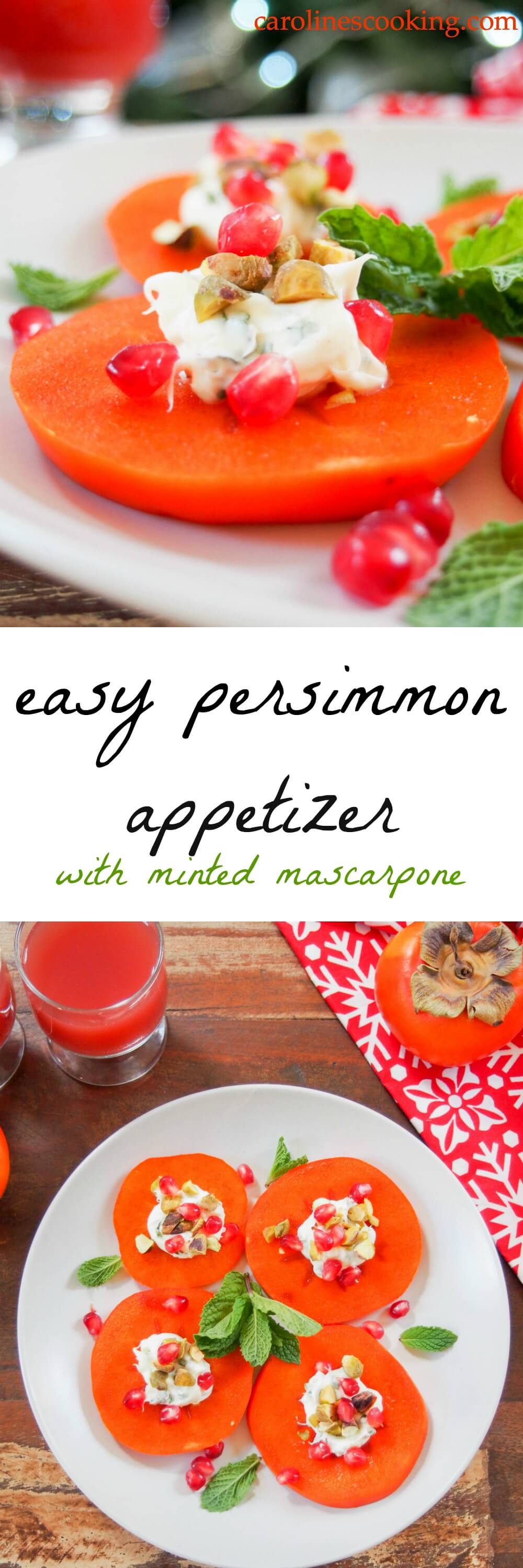Easy persimmon appetizer with minted mascarpone. A tasty, colorful addition to any appetizer plate. Incredibly quick to make, a delicious mix of textures and flavors + video tutorial. Easy persimmon appetizer with minted mascarpone. A tasty, colorful addition to any appetizer plate. Incredibly quick to make, a delicious mix of textures and flavors + video tutorial.