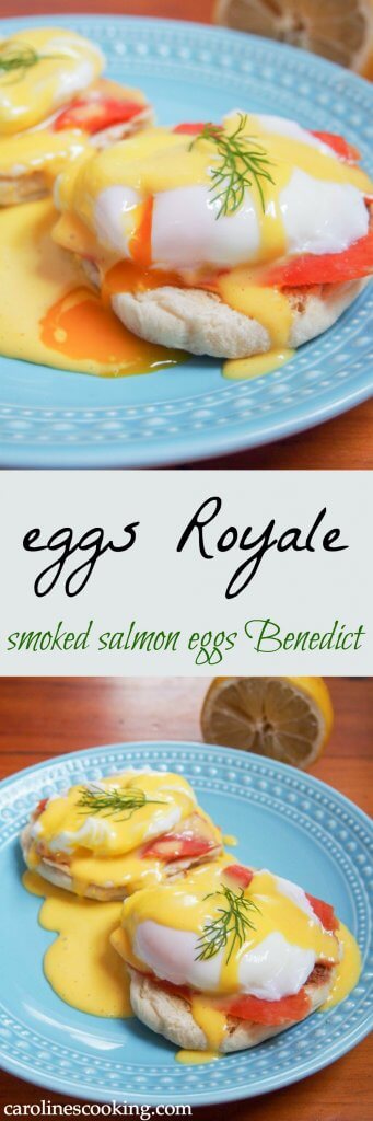 Eggs Royale is a variation of eggs Benedict combining poached eggs and smoked salmon on top of toasted muffins, drizzled with homemade Hollandaise sauce. Delicious flavors, easy to make, it's a fantastic breakfast/brunch. Why not try it next time you're hosting a Holiday brunch, have guests over or just want a special breakfast? #egg #smokedsalmon #brunch #eggsbenedict