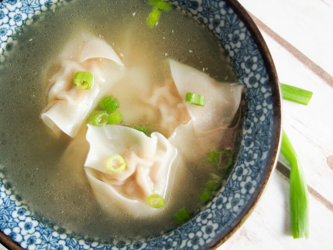 bowl of easy wonton soup from overhead