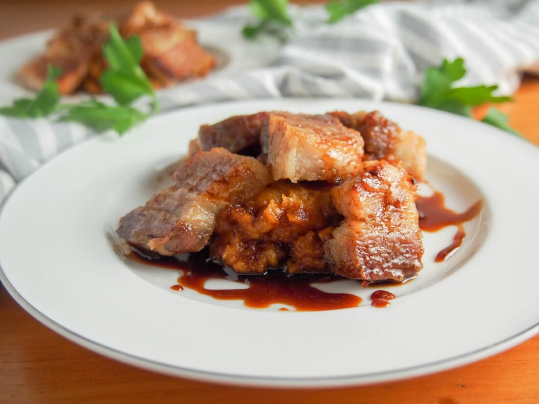 Crisped pork belly with whisky-soy sauce