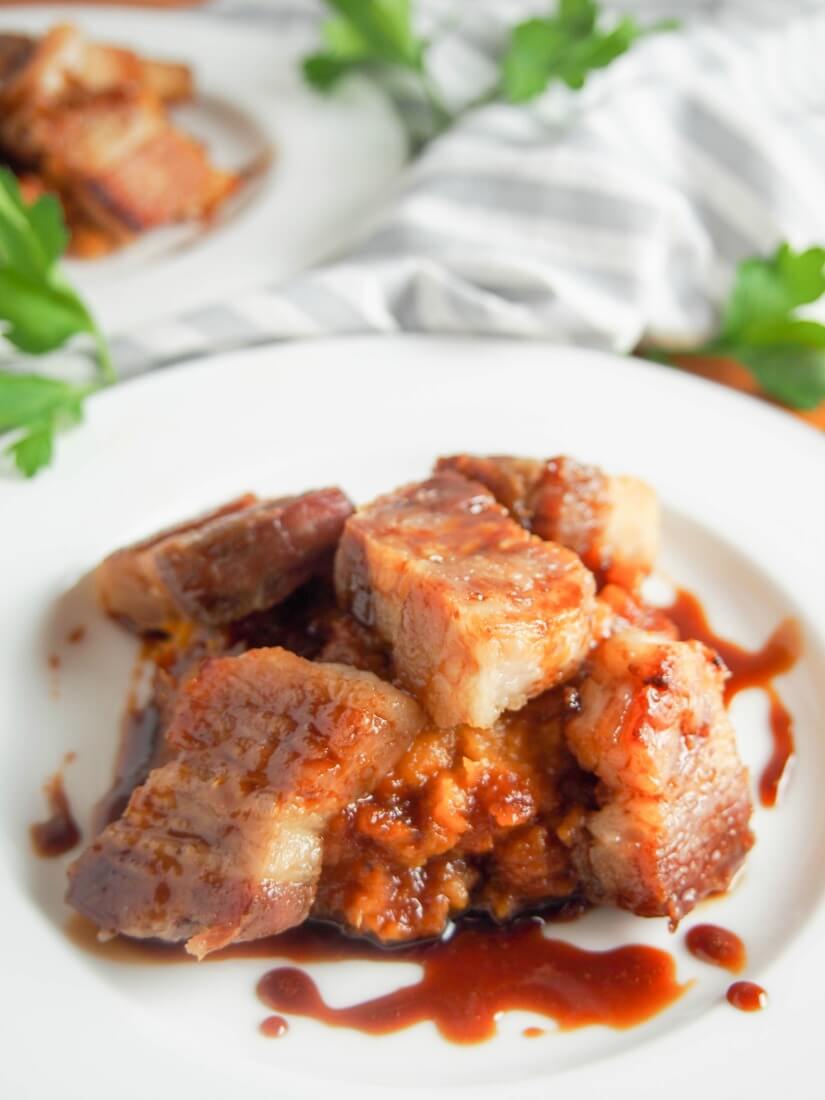 Crisped pork belly with whisky-soy sauce - This crisped pork belly may be a decadent appetizer, but it's easy to make and so full of flavor. With a slightly sticky sauce, you'll be in food heaven. Perfect for Valentine's day or a dinner party.