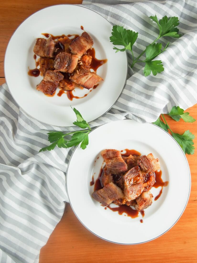 Crisped pork belly with whisky-soy sauce - This crisped pork belly may be a decadent appetizer, but it's easy to make and so full of flavor. With a slightly sticky sauce, you'll be in food heaven. Perfect for Valentine's day or a dinner party.