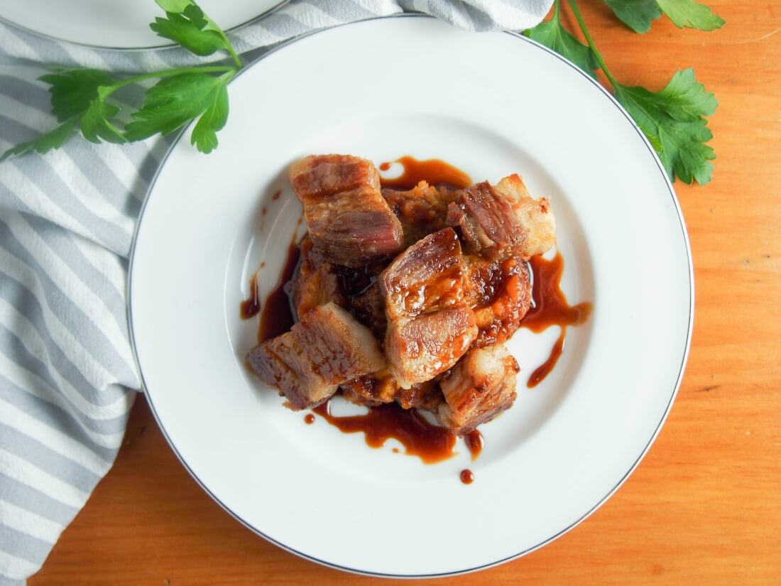 Crisped pork belly with whisky-soy sauce