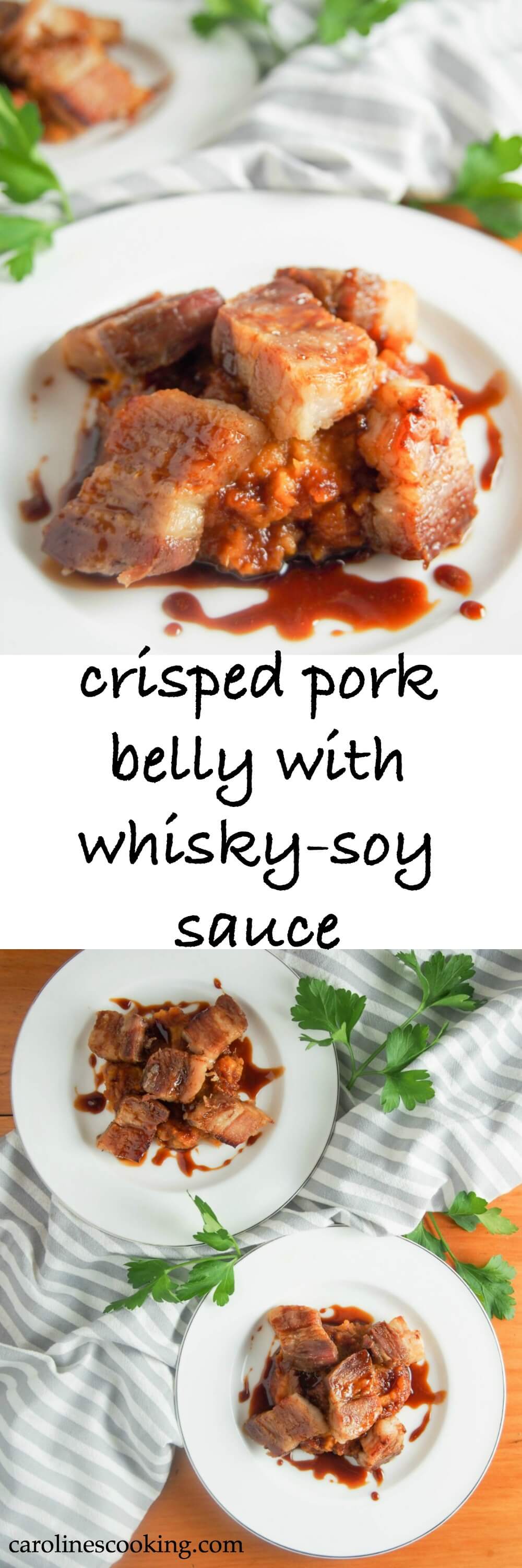 Crisped pork belly with whisky-soy sauce - This crisped pork belly may be a decadent appetizer, but it's easy to make and so full of flavor. With a slightly sticky sauce, you'll be in food heaven. Perfect for Valentine's day or a dinner party.