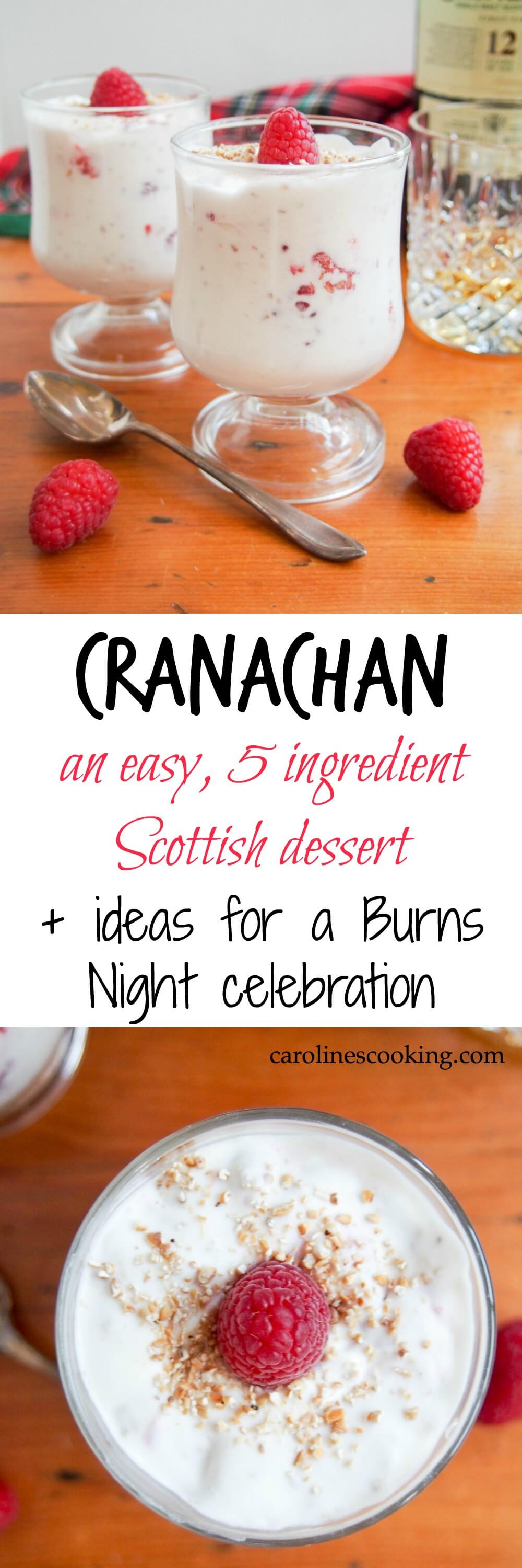 Cranachan is a delicious, easy 5 ingredient dessert (cream, oatmeal, whisky, honey & raspberries) that's perfect to end your Burns Night feast, or any time.