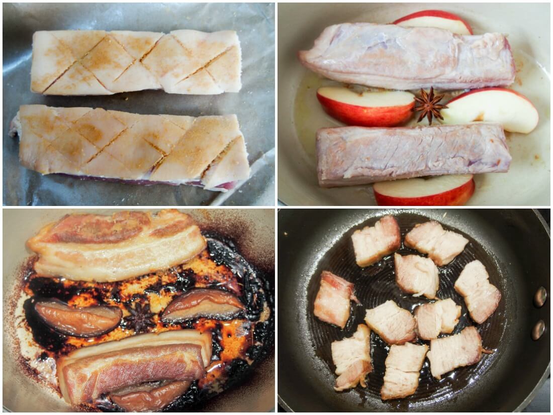 stages making crisped pork belly with apple