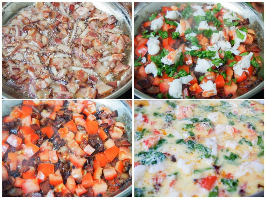 collage showing steps making omelette - cook bacon, add other filling ingredients then egg
