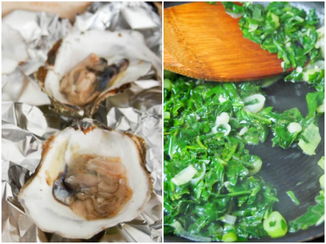 resting oysters in foil then making greens topping