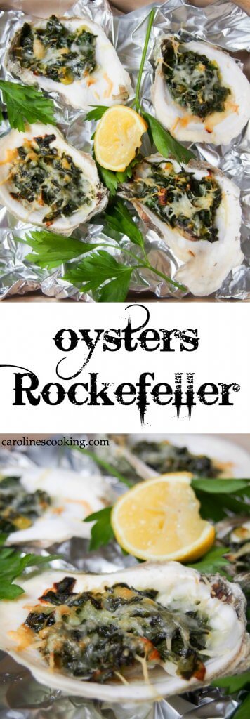 Oysters Rockefeller are a classic New Orleans appetizer with a tasty topping baked over oysters in their shell. Here they're lightened up but packed with flavor in the spinach-based topping. Perfect for date night, a fancy dinner party or any excuse. Includes video tutorial with how to shuck an oyster.