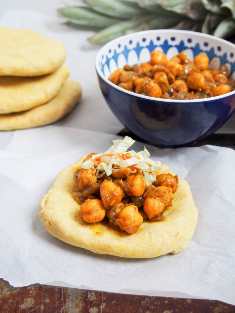 Trinidadian doubles - chickpea curry on spiced flatbread