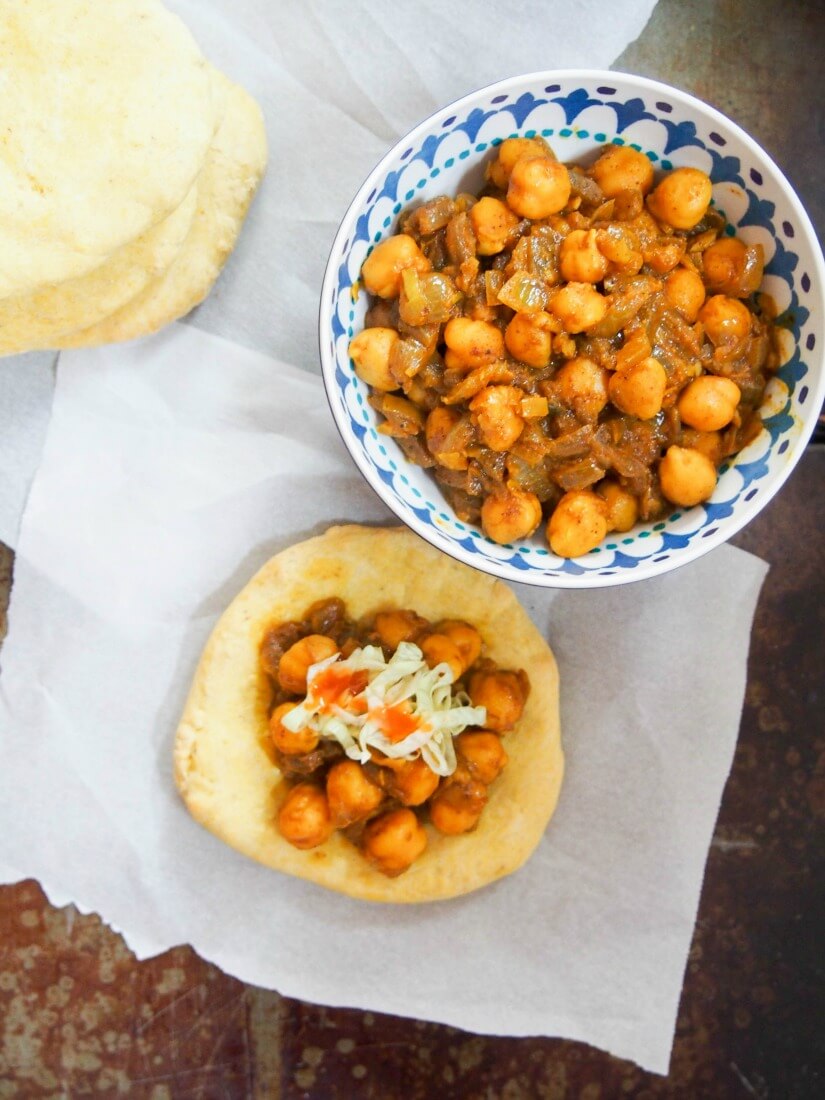 Trinidadian doubles - chickpea curry on spiced flatbread