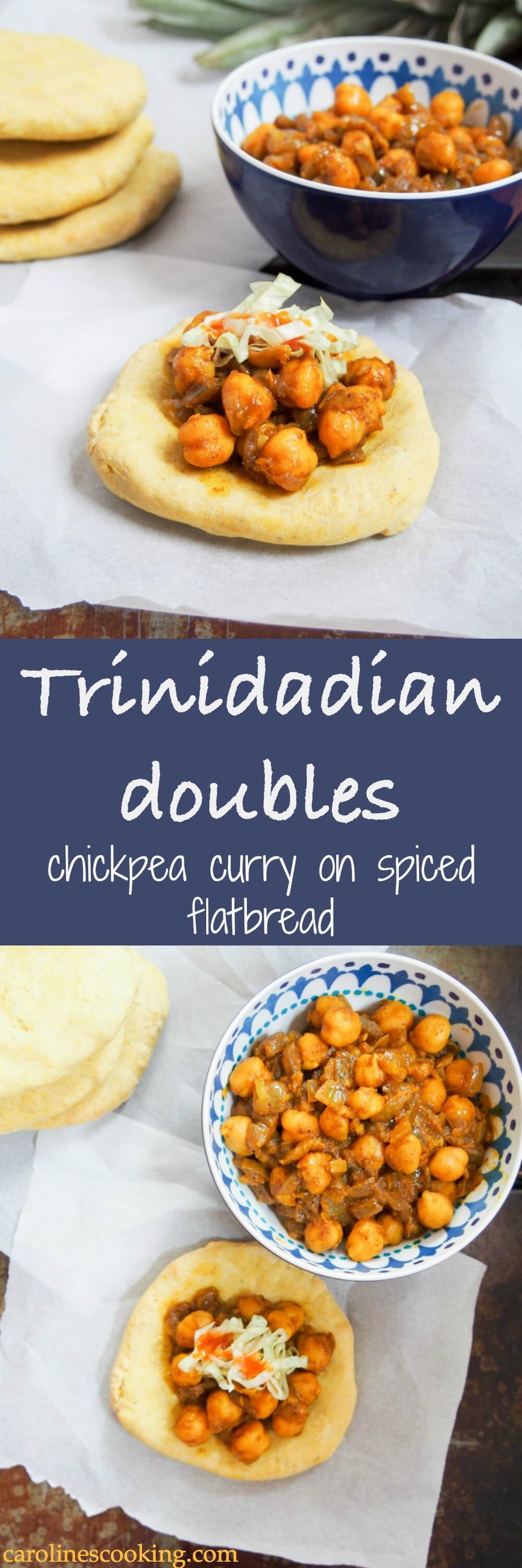 Trinidadian doubles is a tasty, easy vegan snack formed of spiced flatbread with a simple chickpea curry filling. Full of flavor and perfect finger food.