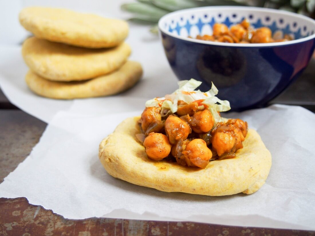Trinidadian doubles - chickpea curry on spiced flatbread