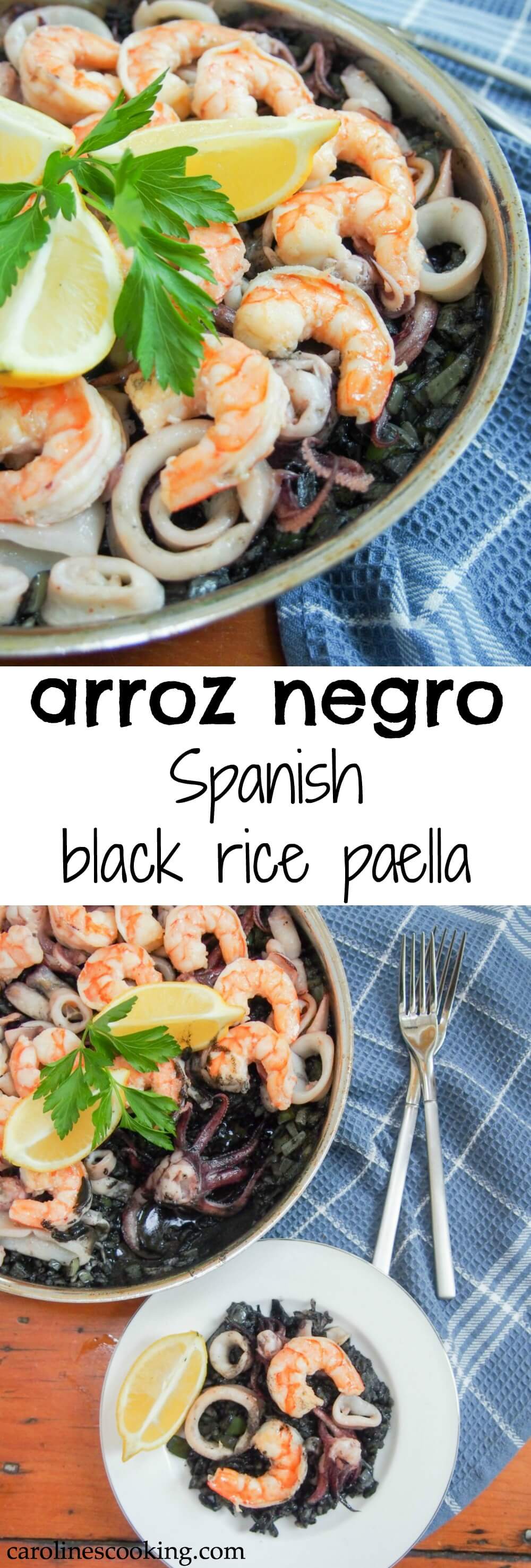 Spanish black rice paella (arroz nego/arròs negre) gets it's vibrant color from squid ink, but the flavor is delicate. Packed with seafood, it's a delicious meal. Spanish black rice paella (arroz nego/arròs negre) is a Spanish classic. Tinted with squid ink, packed with seafood, it's delicately flavored and delicious.