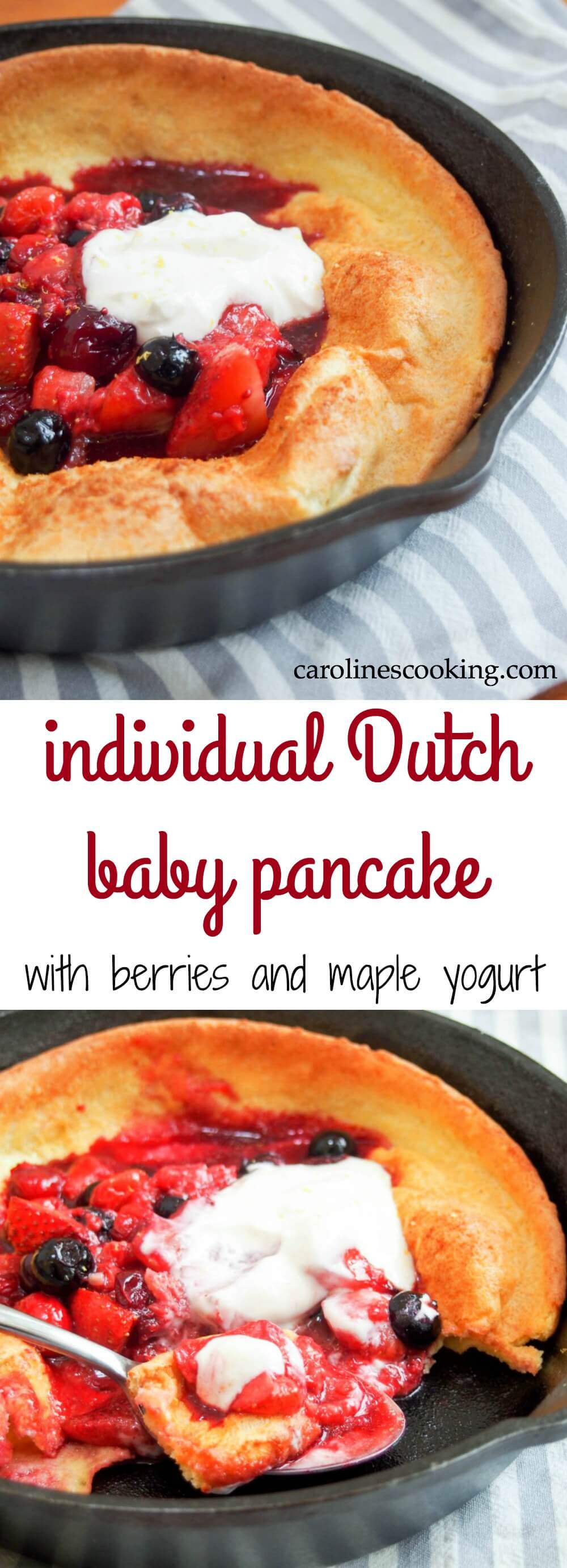 Healthy and quick enough for breakfast or brunch, sweet enough for dessert, this individual Dutch baby pancake with berries & maple yogurt is easy & delicious. No refined sugar too.