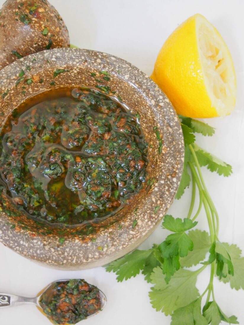 close up of chermoula sauce in mortar