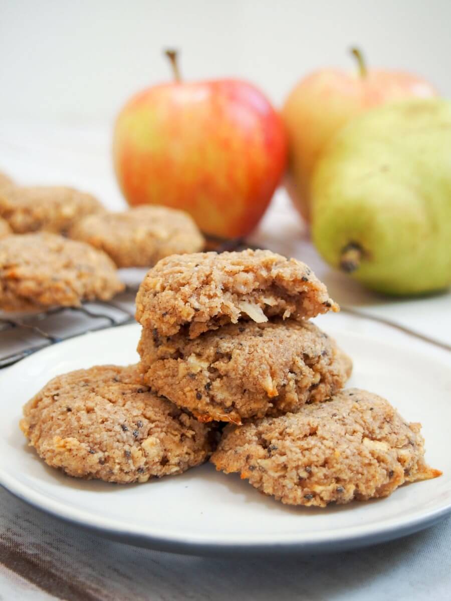 These healthy apple oatmeal cookies are easy to make & packed with good for you ingredients. Soft, flavorful, gluten free & vegan: so many reasons to enjoy! A great anytime snack, whether after school or even breakfast]