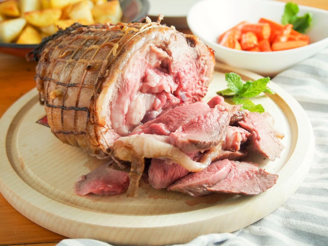 roast boneless leg of lamb on a bed of mint