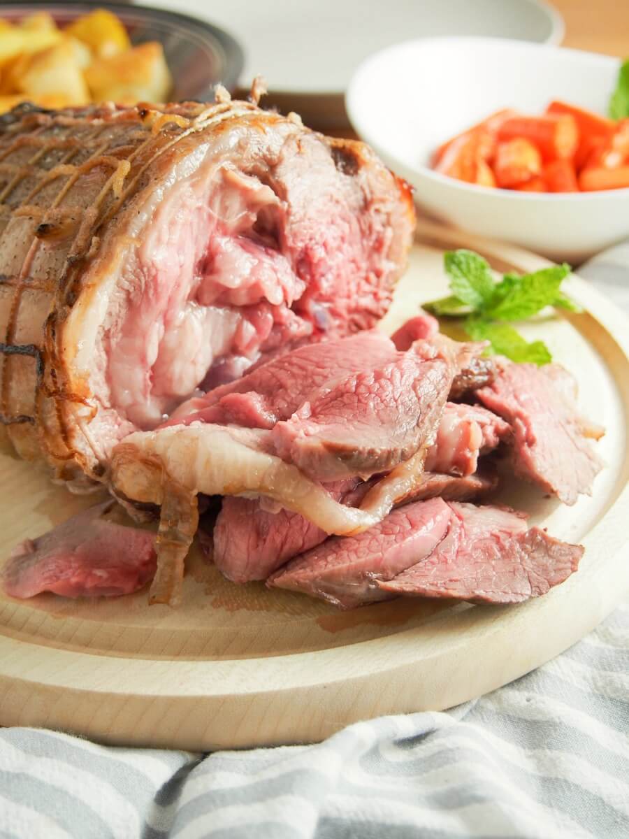 roast boneless leg of lamb on a bed of mint