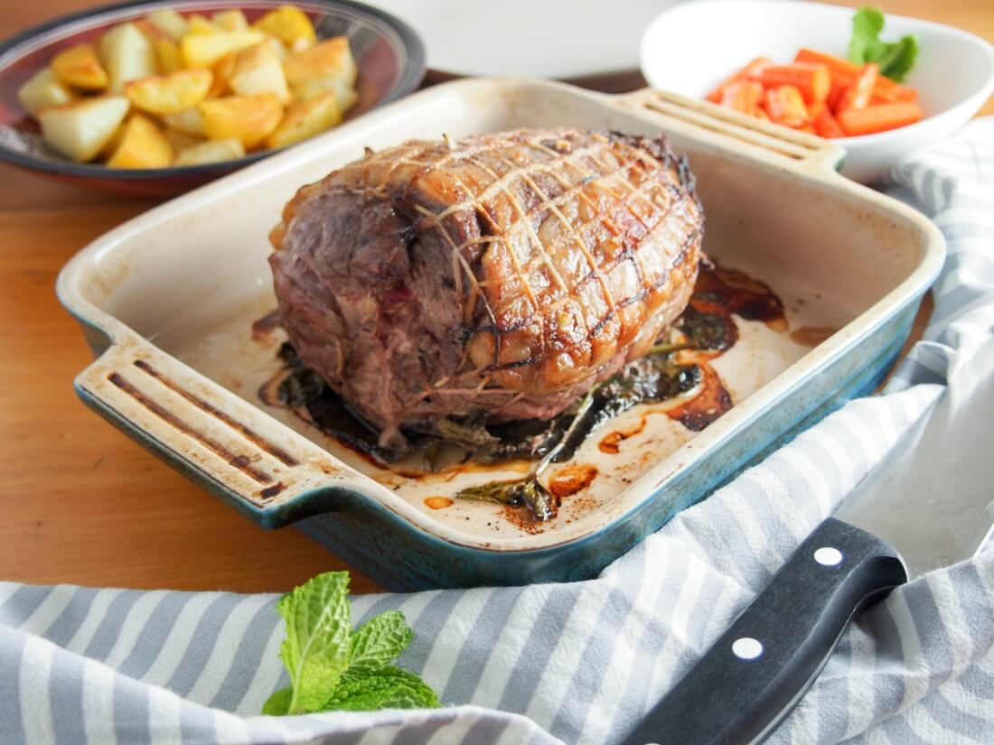 roast boneless leg of lamb on a bed of mint