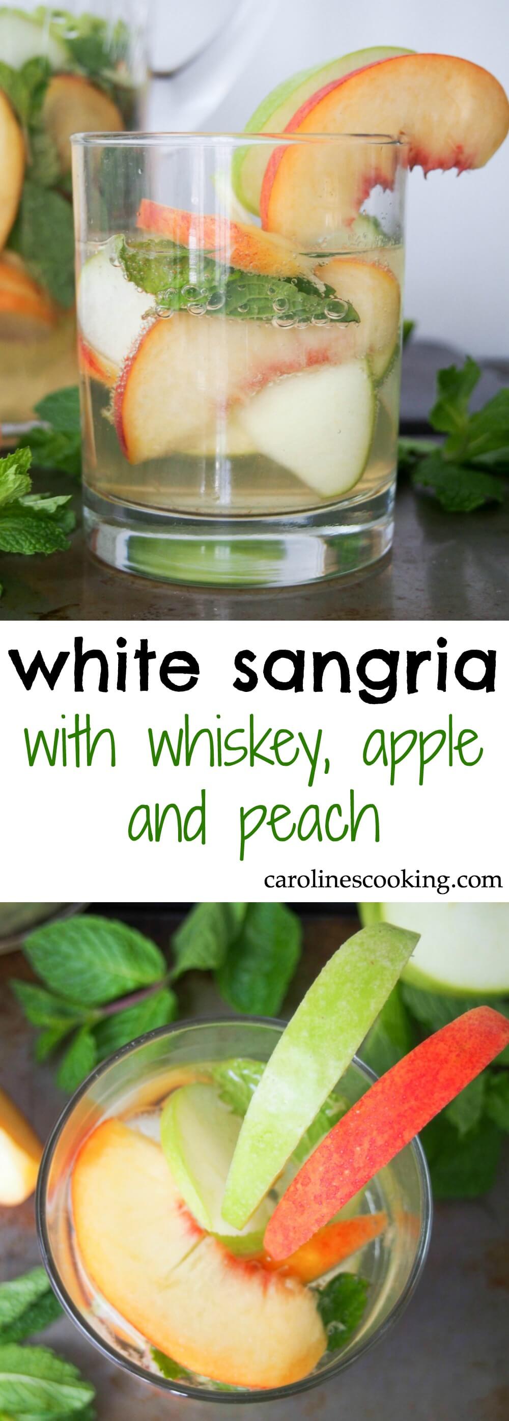 white sangria with whiskey, apple and peach - Gently sweet, fruity and with a lovely freshness from the mint, this white sangria is elegant and perfect for parties. IT'll become your go-to drink all summer! Also perfect colors for a less cliched St Patrick's Day cocktail. 