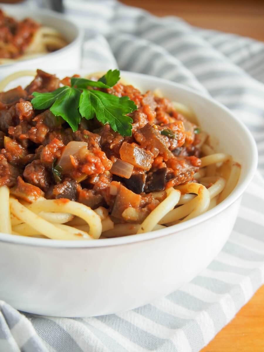Leftover lamb pasta sauce with eggplant - a comforting, tasty sauce to top pasta that's also a great way to use up leftover roast lamb