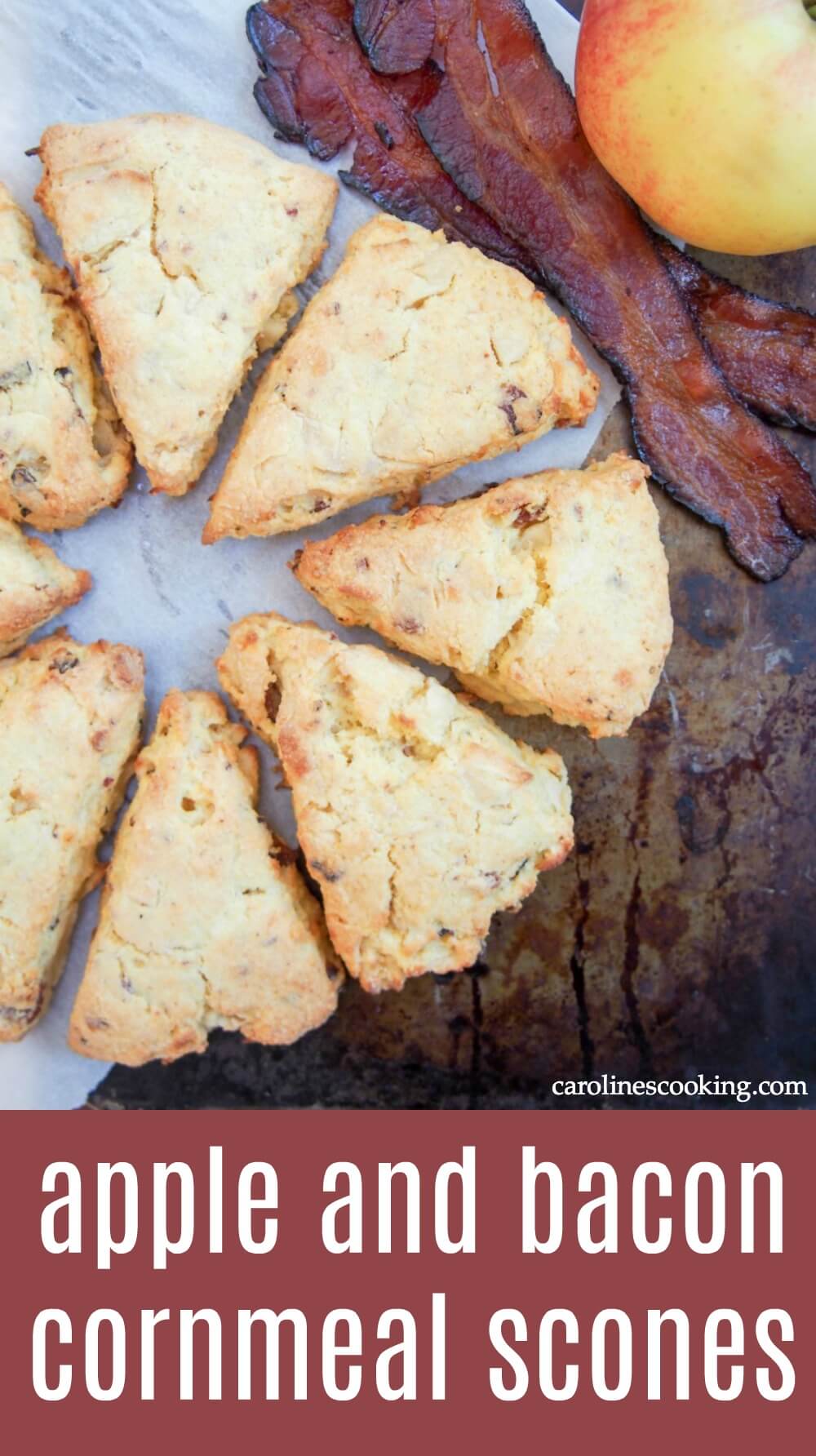 These apple and bacon cornmeal scones are moist and delicious, with a wonderful sweet-savory flavor combination. Such a tasty snack, you'll be back for more! #apple #homemadescones