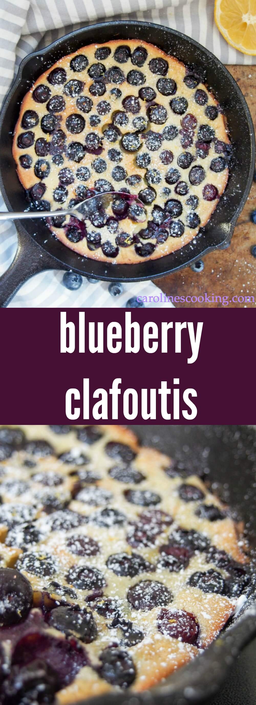 Blueberry clafoutis is a super easy, delicious French dessert, somewhere between a custard and a pancake. It would also work well for breakfast or brunch! Recipe with gluten free version, using honey. Includes how-to VIDEO #dessert #Frenchrecipe #clafoutis