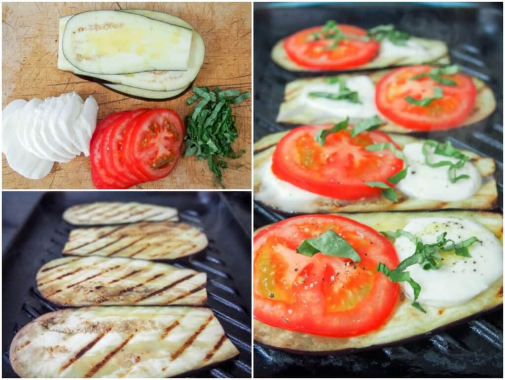 stages making caprese grilled eggplant roll ups - sliced ingredients, grilling eggplant then topping with cheese and tomato