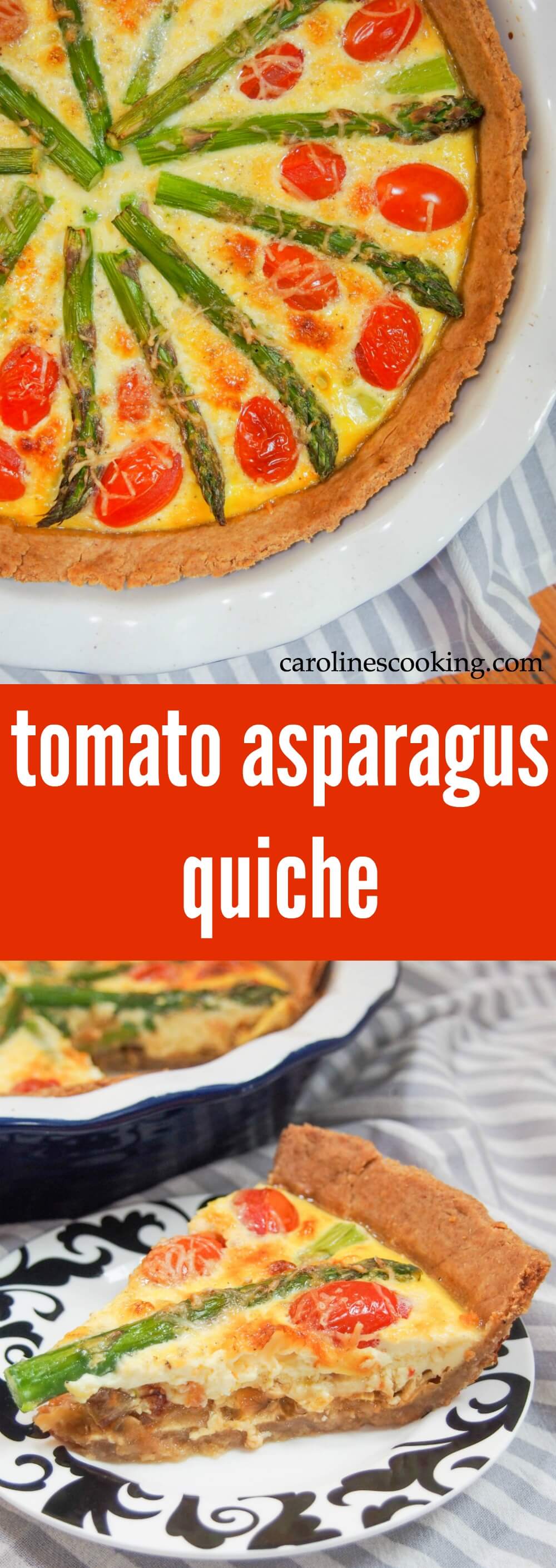 This spring-like tomato asparagus quiche has delicious, fresh flavors and is relatively healthy. It will look great on any brunch or lunch table, and have people coming back for more. A great Easter/Mothers Day option or take to a potluck. #quiche #brunch #vegetarian