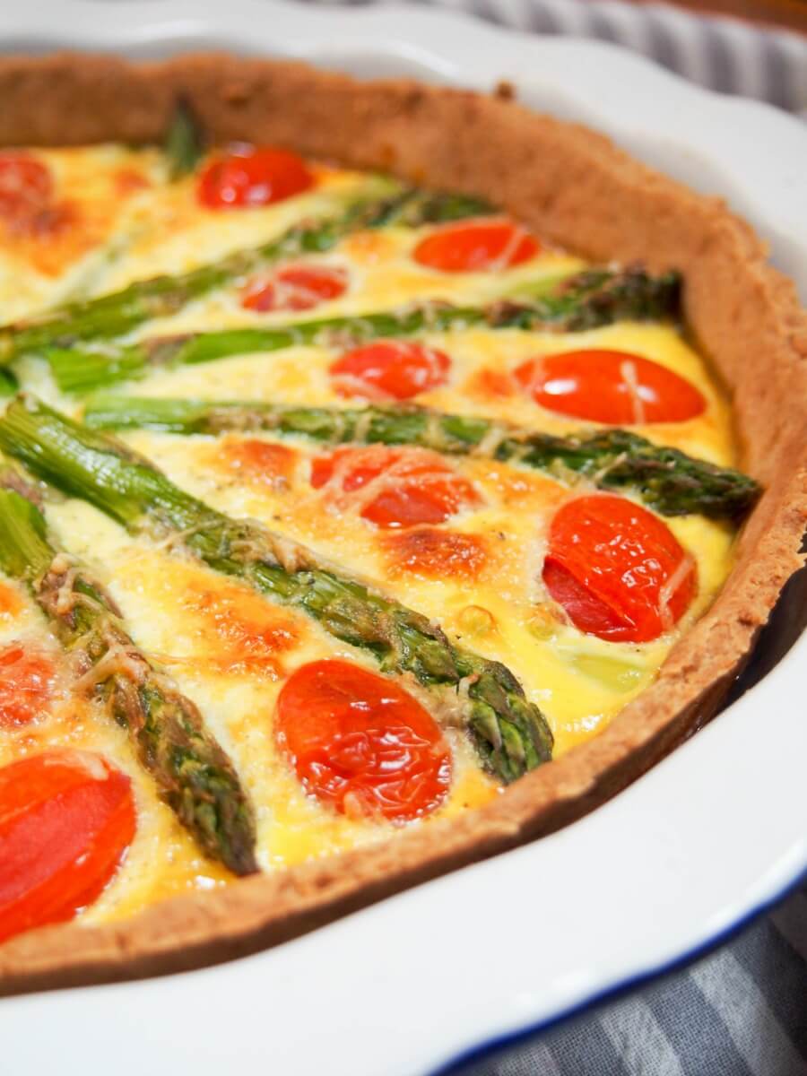 tomato asparagus quiche makes a great brunch or lunch, with lots of tasty spring flavors.