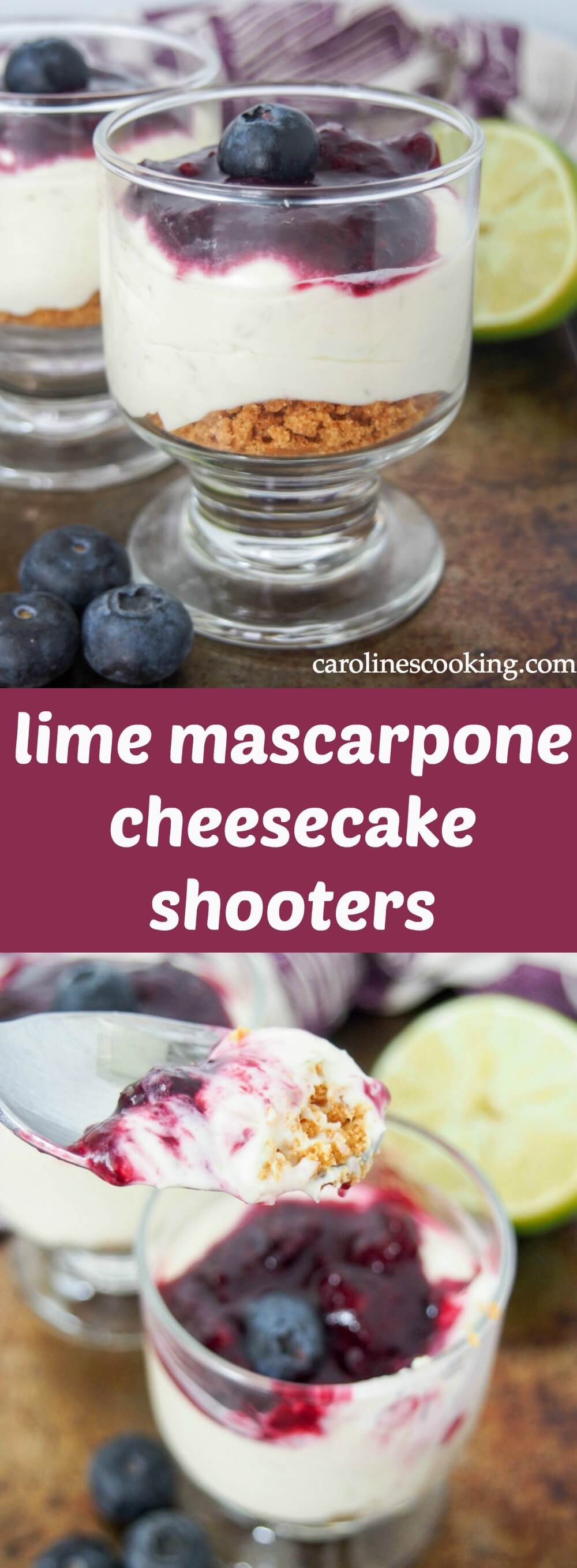 lime mascarpone cheesecake shooters Quick to make, with a tasty mix of sweet crumbs, citrusy mascarpone & fruit puree, these lime mascarpone cheesecake shooters are a great single serve dessert.