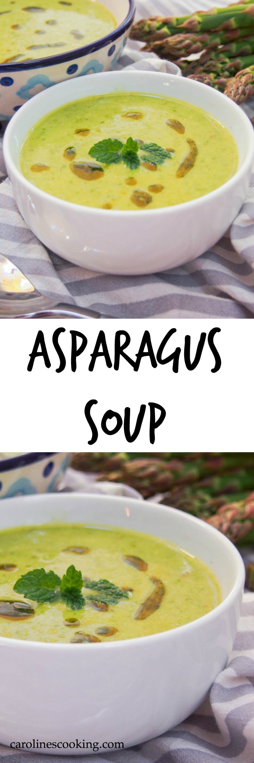asparagus soup Asparagus soup is such a comforting taste of spring. Light, easy to make and good for you too. A great appetizer (Vegan, gluten free)