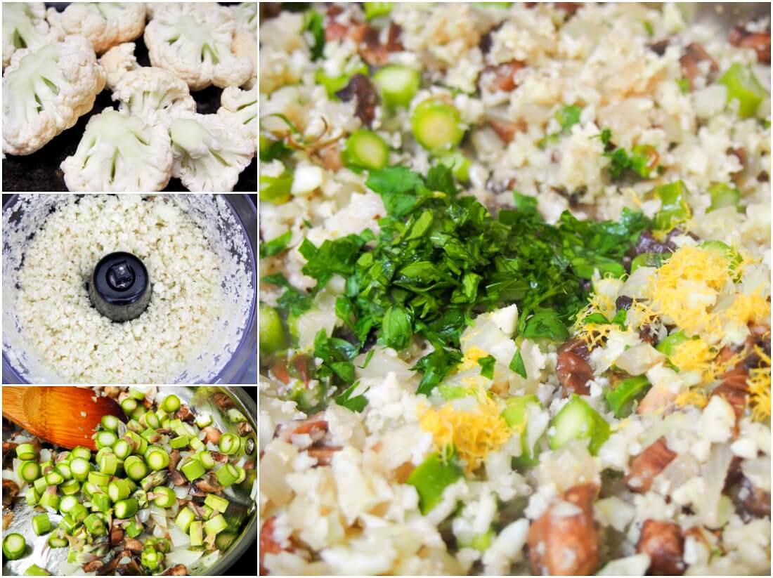 making cauliflower rice with asparagus and mushrooms