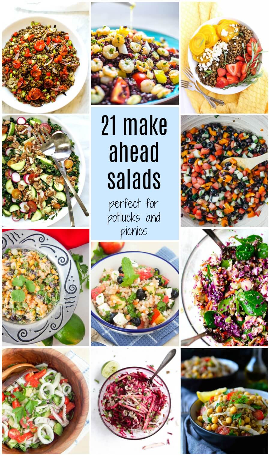 21 make ahead salads perfect for potlucks and picnics: Salads don't have to be limp and boring - this collection of 21 make ahead salads gives ideas perfect for potlucks, picnics and lunches full of color and flavor! 