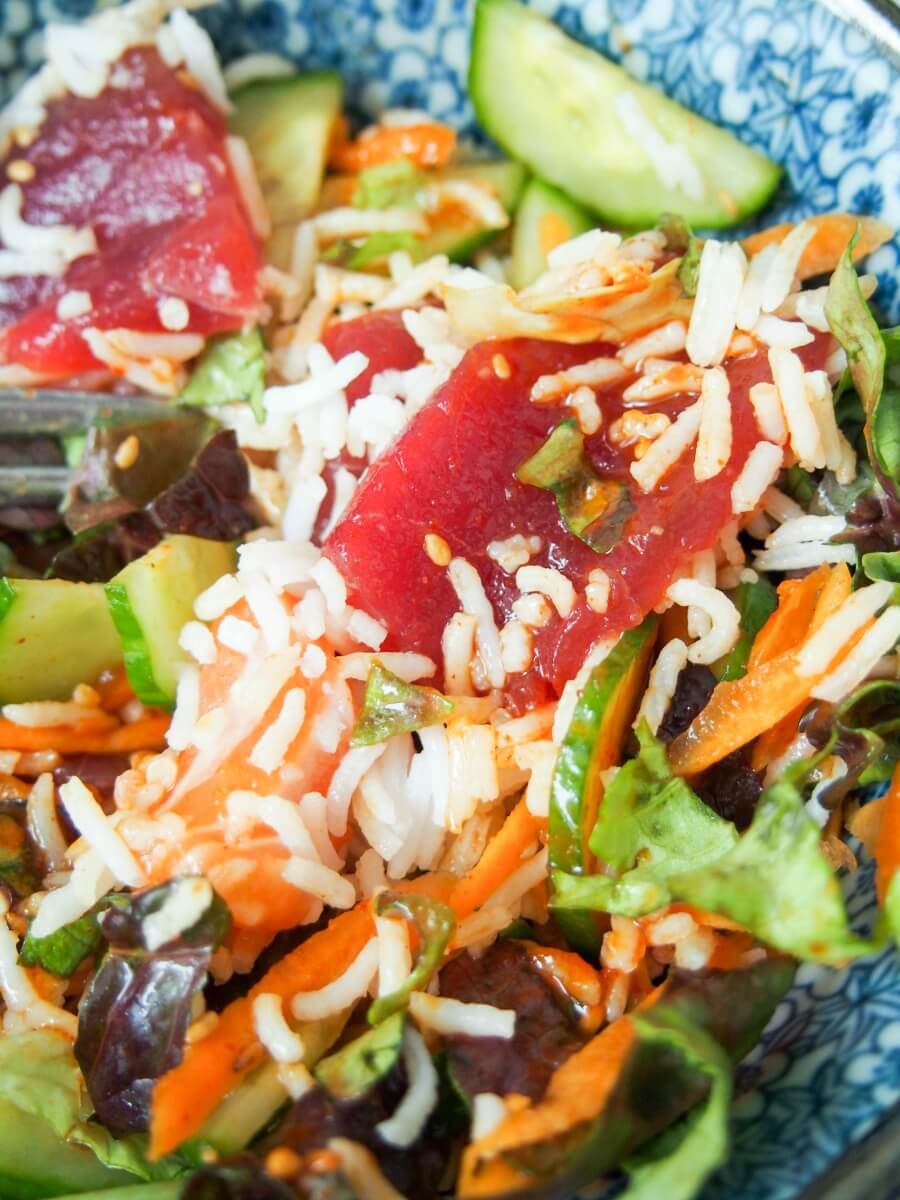 rice, fish, sauce and salad mixed together